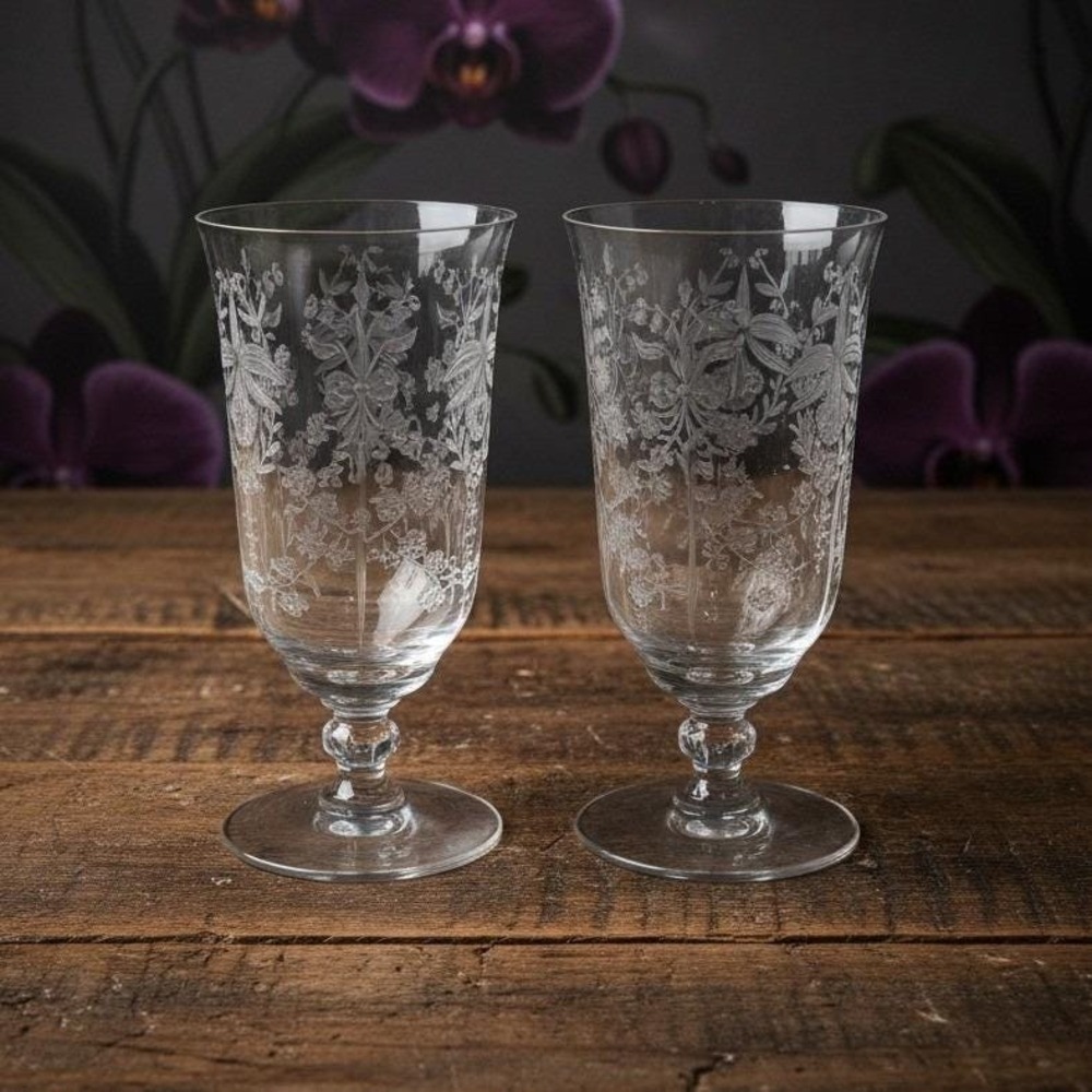 Vintage Rare Heisey Orchid Crystal Goblet Wine Etched Glasses (1940-1957) 6.25"